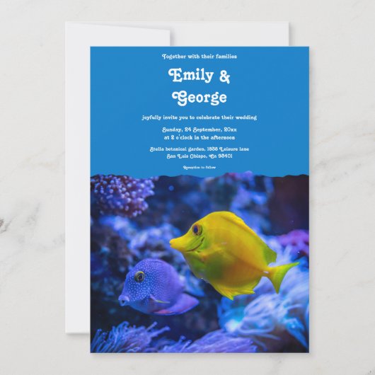 ネイビーブルー水中魚航海の結婚ズ 招待状 (正面)