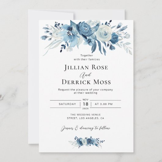 ネイビーブルー水彩花結婚式招待状 招待状 (正面)