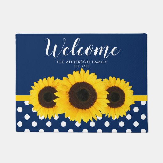 ネイビーブルー水玉模様ひまわりパーソナライズされた ドアマット (正面)