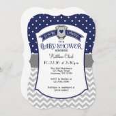 ネイビーブルー水玉模様シェブロンベイビーシャワー招待状 招待状 (正面/裏面)