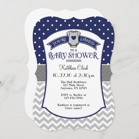 ネイビーブルー水玉模様シェブロンベイビーシャワー招待状 招待状 (正面/裏面)