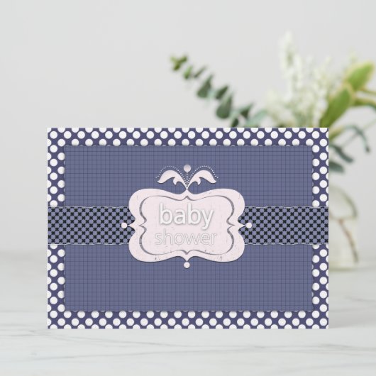 ネイビーブルー水玉模様ベビーシャワー招待状 招待状 (スタンド正面)