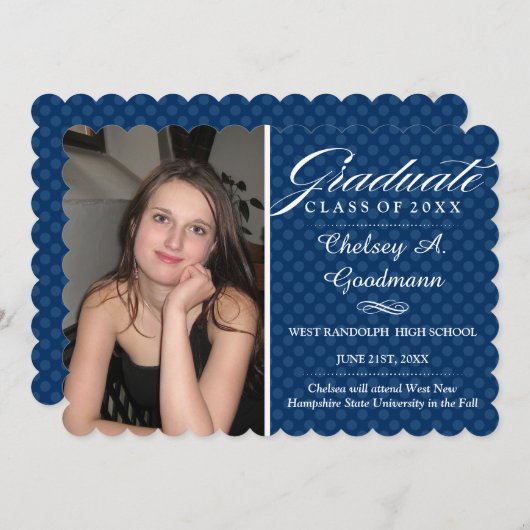 ネイビーブルー水玉模様卒業写真 案内状 (正面/裏面)