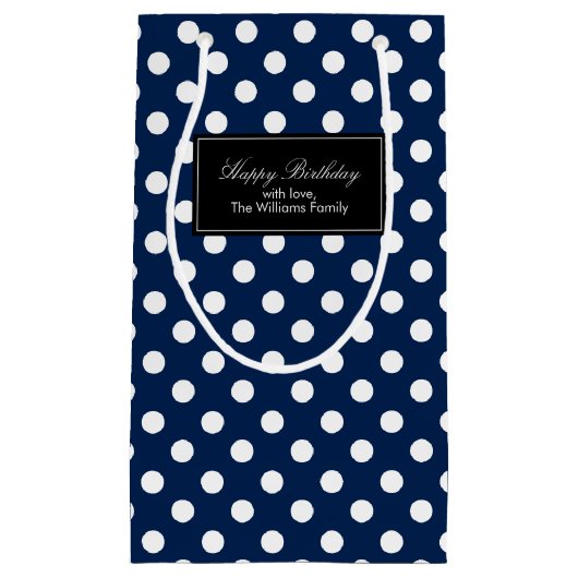 ネイビーブルー水玉模様 パーソナライズされた スモールペーパーバッグ (正面)