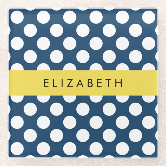 ネイビーブルー水玉模様、水玉模様パターン、お名前 ガラスコースター (正面)