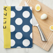 ネイビーブルー水玉模様、水玉模様パターン、お名前 キッチンタオル (四つ折り)