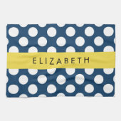 ネイビーブルー水玉模様、水玉模様パターン、お名前 キッチンタオル (横)