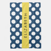 ネイビーブルー水玉模様、水玉模様パターン、お名前 キッチンタオル (縦)