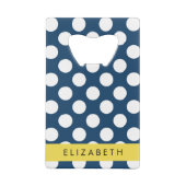 ネイビーブルー水玉模様、水玉模様パターン、お名前 クレジットカード栓抜き (裏面)