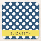 ネイビーブルー水玉模様、水玉模様パターン、お名前 スクエアペーパーコースター (正面)