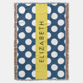ネイビーブルー水玉模様、水玉模様パターン、お名前 スローブランケット (正面縦)