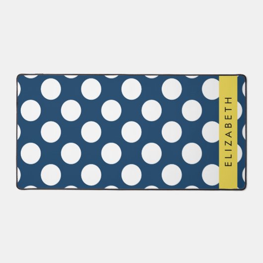 ネイビーブルー水玉模様、水玉模様パターン、お名前 デスクマット (正面)