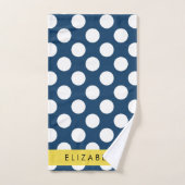 ネイビーブルー水玉模様、水玉模様パターン、お名前 バスタオルセット (ハンドタオル)