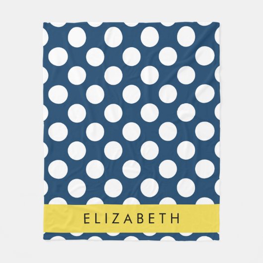 ネイビーブルー水玉模様、水玉模様パターン、お名前 フリースブランケット (正面)