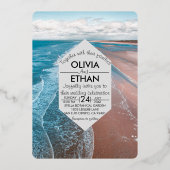 ネイビーブルー沿岸ビーチ結婚式フォイル招待状 箔招待状 (正面)
