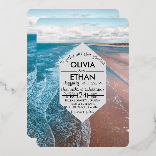ネイビーブルー沿岸ビーチ結婚式フォイル招待状 箔招待状 (正面/裏面)