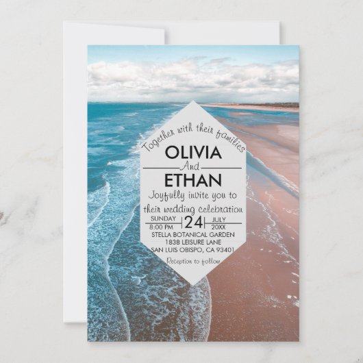 ネイビーブルー沿岸ビーチ結婚式招待状 招待状 (正面)