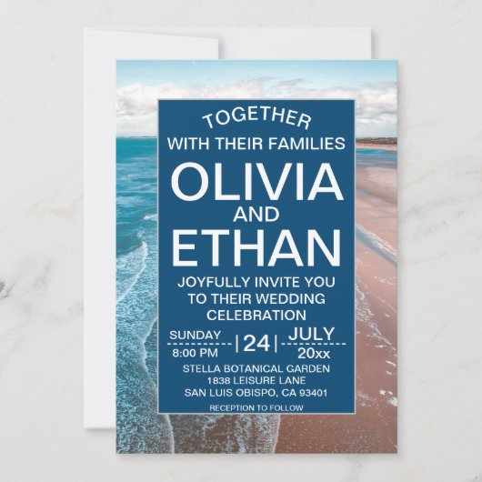 ネイビーブルー沿岸ビーチ結婚式招待状 招待状 (正面)