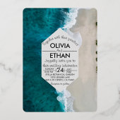 ネイビーブルー波沿岸結婚のフォイル招待状 箔招待状 (正面)