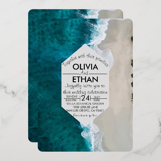 ネイビーブルー波沿岸結婚のフォイル招待状 箔招待状 (正面/裏面)