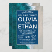 ネイビーブルー波沿岸結婚式招待状 招待状 (正面/裏面)