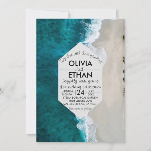 ネイビーブルー波沿岸結婚式招待状 招待状 (正面)
