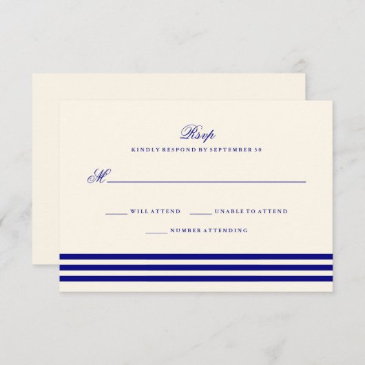 ネイビーブルー洗練されたストライプウェディングRSVP 出欠カード (正面/裏面)