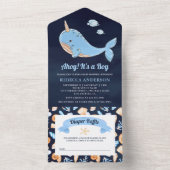 ネイビーブルー海の下にナールウォールベイビーシャワー オールインワン招待状 (内側)