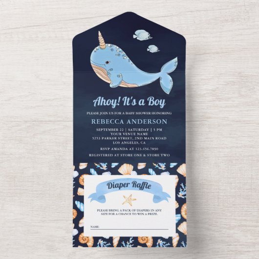 ネイビーブルー海の下にナールウォールベイビーシャワー オールインワン招待状 (内側)