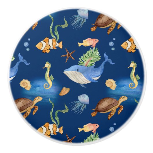 ネイビーブルー海クジラがウミガメを飼っている セラミックノブ (正面)