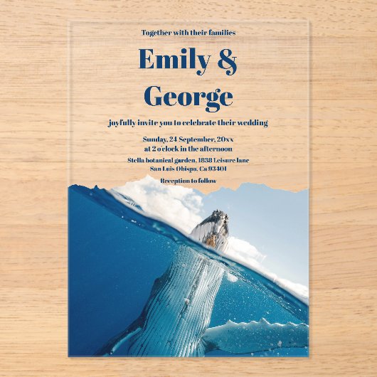 ネイビーブルー海中ホエールサマーコースト結婚 アクリル招待状 (正面)