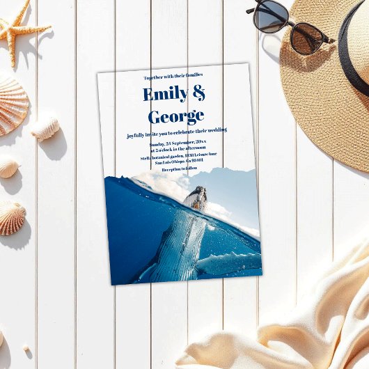 ネイビーブルー海中ホエールサマーコースト結婚 アクリル招待状