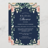 ネイビーブルー淡い色のピンクフローラブライダルシャワー 招待状 (正面/裏面)