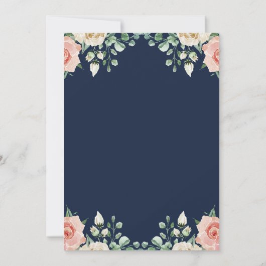 ネイビーブルー淡い色のピンクフローラ結婚ズ 招待状 (裏面)