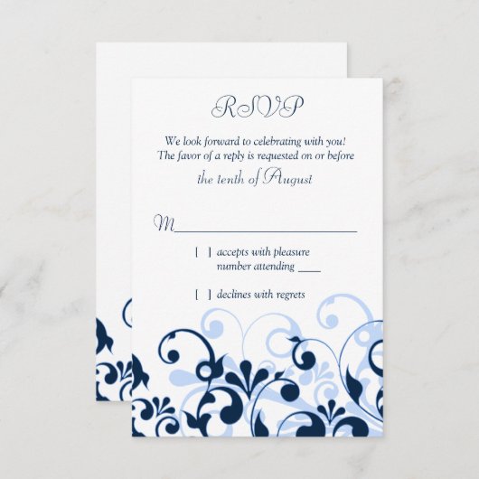 ネイビーブルー淡い色のブルーホワイト抽象芸術フローラRSVP 出欠カード (正面/裏面)