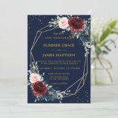 ネイビーブルー深いレッドブルゴーニュ赤面結婚フローラ 招待状 (スタンド正面)