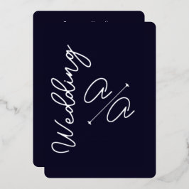 ネイビーブルー無地のカラーシルバーフォイル結婚ズ 箔招待状