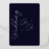 ネイビーブルー無地のカラーシルバーフォイル結婚ズ 箔招待状 (正面)