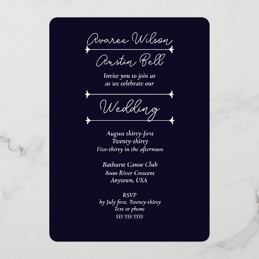 ネイビーブルー無地のカラーシルバーフォイル結婚ズ 箔招待状 (裏面)