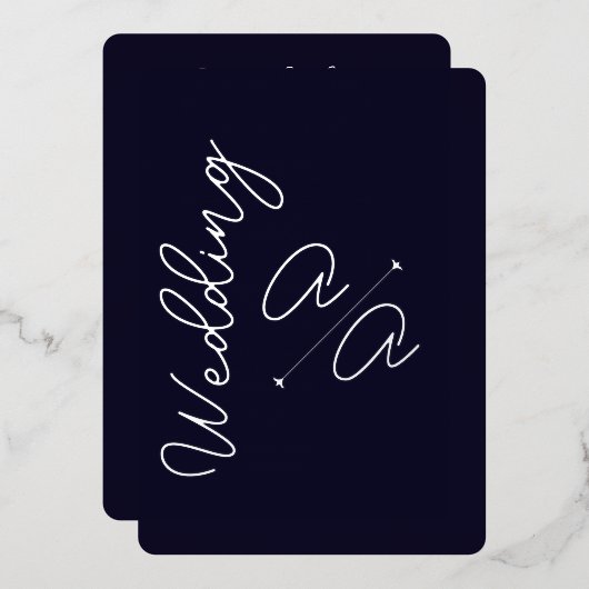 ネイビーブルー無地のカラーシルバーフォイル結婚ズ 箔招待状 (正面/裏面)