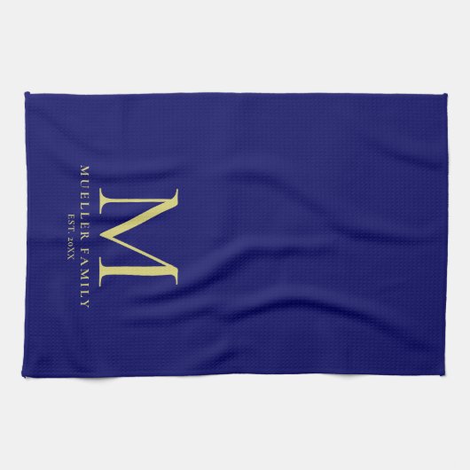 ネイビーブルー無地のカラー金ゴールドモノグラムのファミリ名 キッチンタオル (横)