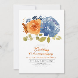 ネイビーブルー焦げオレンジ結婚フローラ記念日 招待状