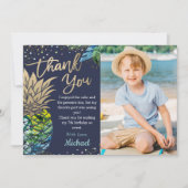 ネイビーブルー熱帯パイナップルビーチパーティー写真 サンキューカード (正面)