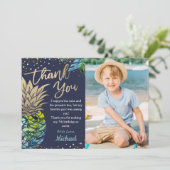 ネイビーブルー熱帯パイナップルビーチパーティー写真 サンキューカード (スタンド正面)