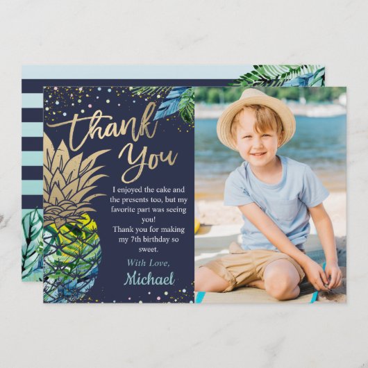 ネイビーブルー熱帯パイナップルビーチパーティー写真 サンキューカード (正面/裏面)
