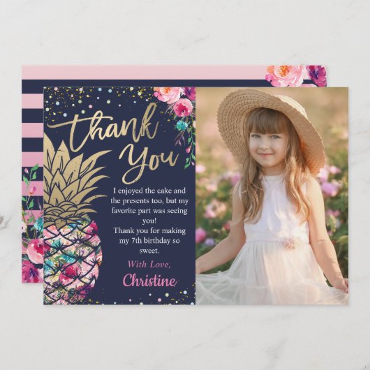 ネイビーブルー熱帯ピンク金ゴールドパイナップル写真 サンキューカード (正面/裏面)