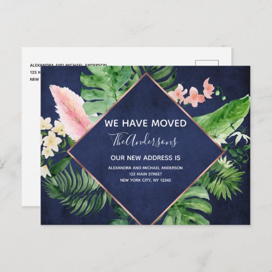 ネイビーブルー熱帯フローラ移動発表 案内ポストカード (正面/裏面)