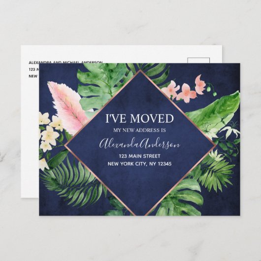 ネイビーブルー熱帯フローラ移動発表 案内ポストカード (正面/裏面)