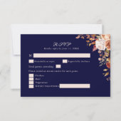 ネイビーブルー燃えたオレンジ色のフローラ結婚式RSVPカード サンキューカード (正面)