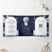 ネイビーブルー牡丹メイスンジャーQRコー結婚ド 三つ折り招待状 (内部)